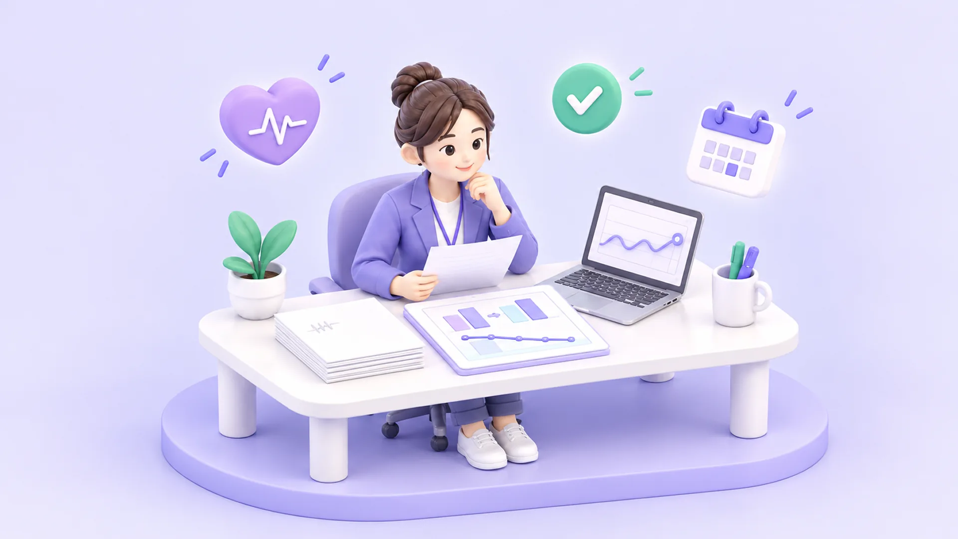 책상에서 건강 지표 보고서와 노트북 그래프를 검토하는 보건 담당자 일러스트 — 운영 후 성과까지 남기는 직원복지서비스