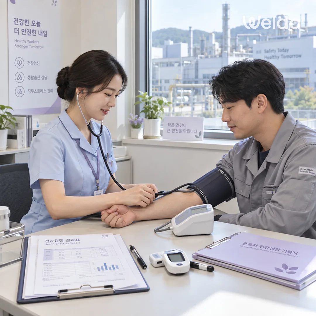 사내 보건실에서 보건관리자가 건강검진 결과표를 옆에 두고 근로자의 혈압을 측정하는 모습