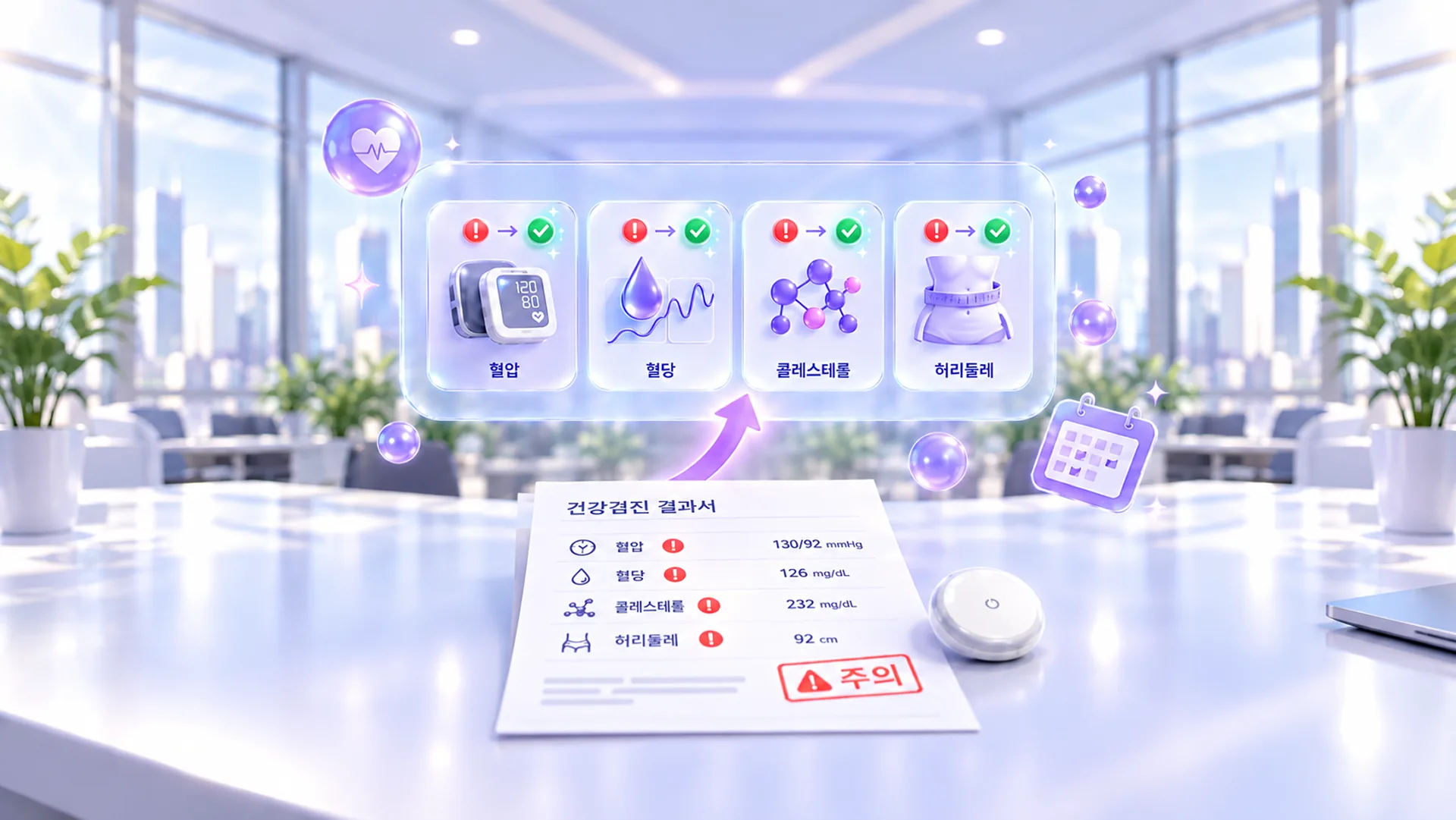 건강검진 결과서의 혈압·혈당·콜레스테롤·허리둘레 주의 소견이 정상으로 바뀌는 모습을 표현한 일러스트